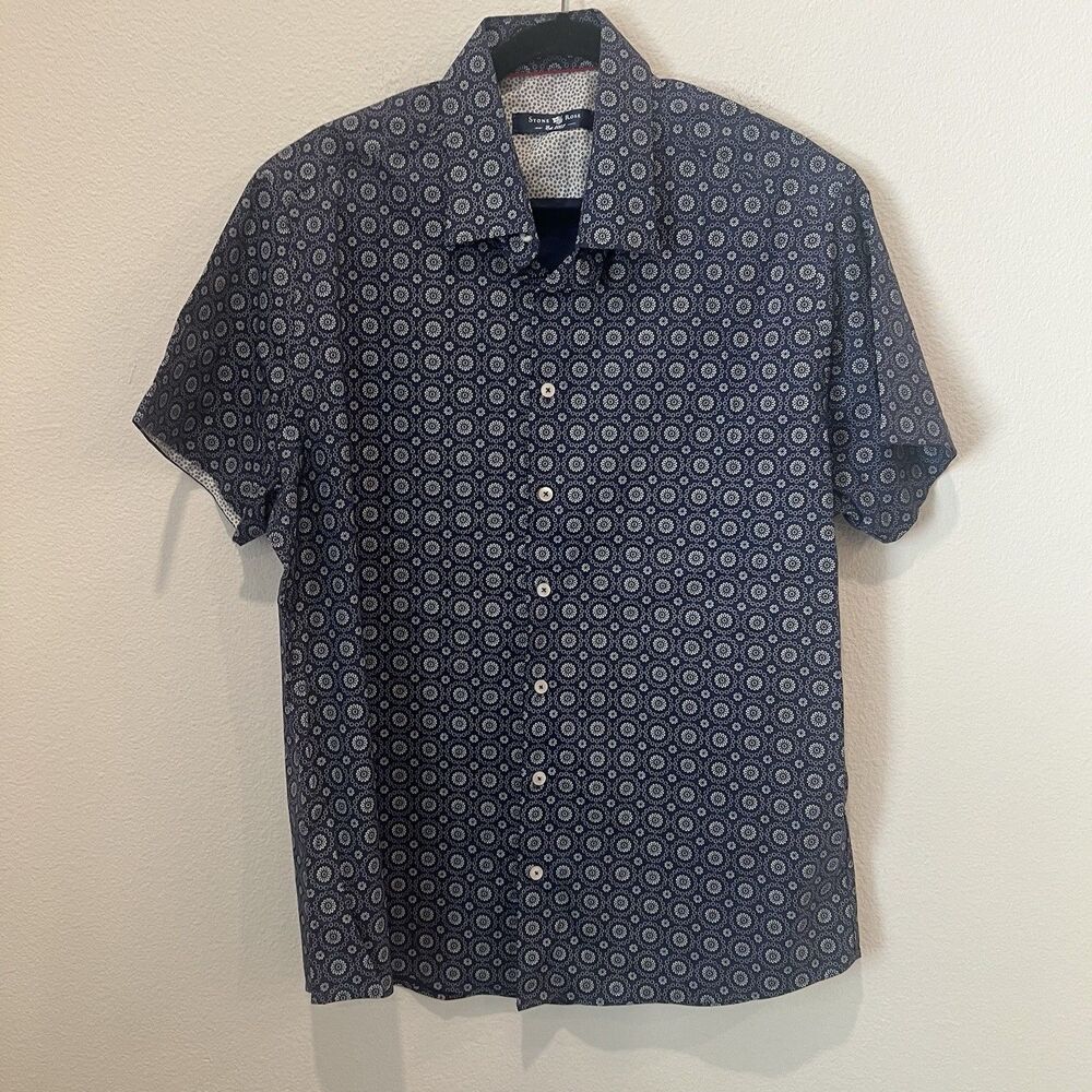 Stone Rose Mens Short Sleeve Button Down Shirt Blue Geometric Print XL